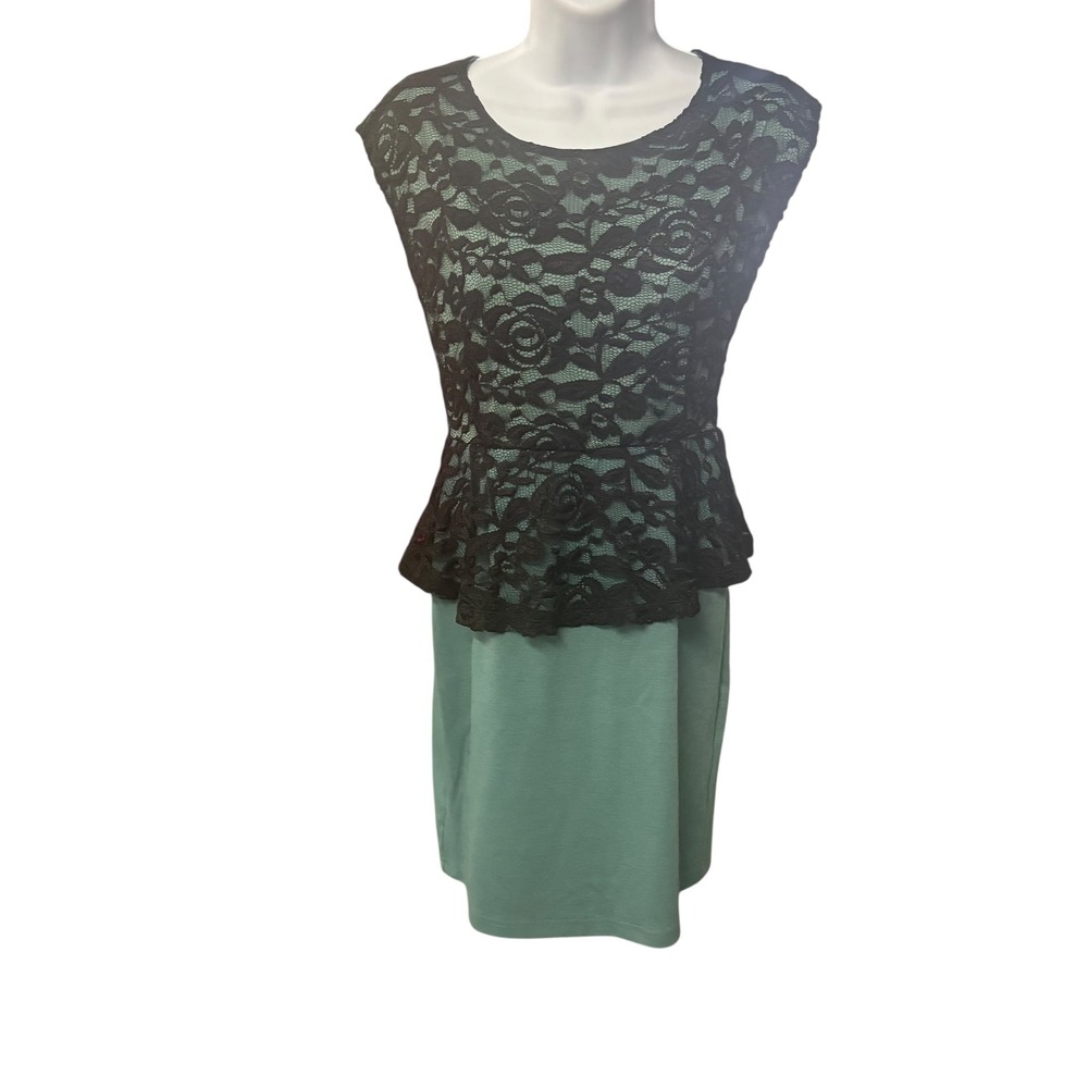 Kiss & Cry‎ Dress Women's Medium Black Lace Peplum Top Green Sheath Y2K